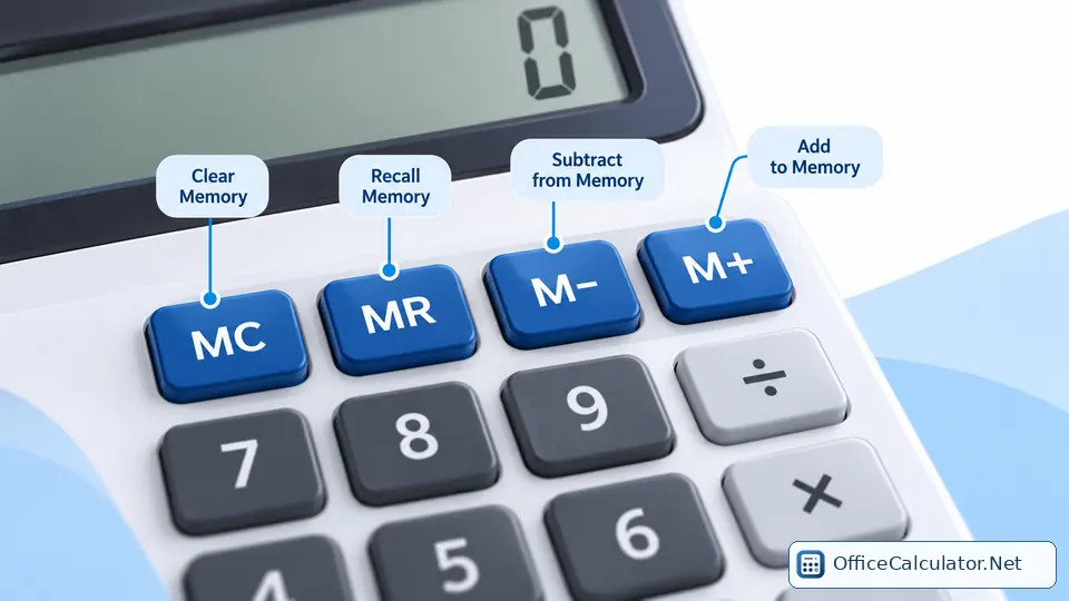 Calculator memory clear and memory recall keys pictured with explanations