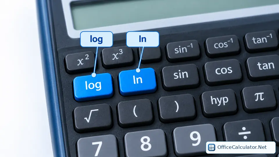 Scientific calculator with log and ln buttons highlighted