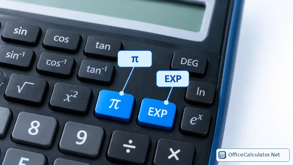Scientific calculator with pi and EXP keys highlighted