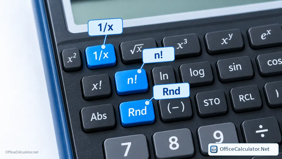 Scientific calculator with the factorial n exclamation key highlighted