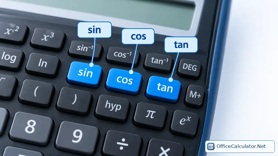 Blue highlighted sine cosine and tangent keys on a scientific calculator
