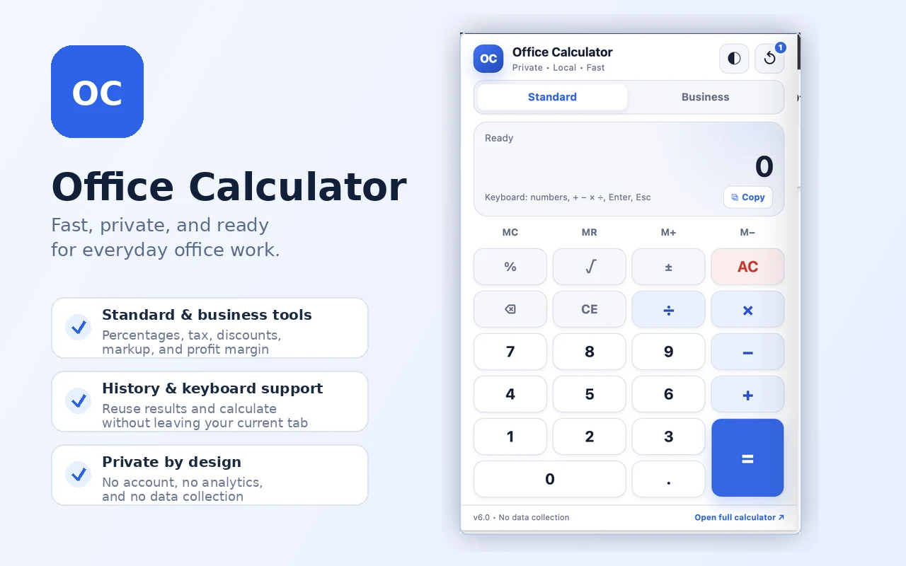 Office Calculator extension showing its standard calculator interface