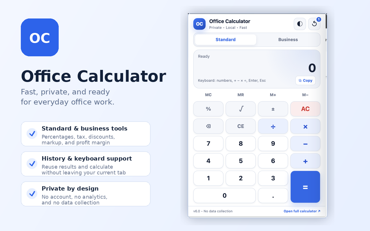 Office Calculator extension with standard calculator keys, history, theme and business tabs