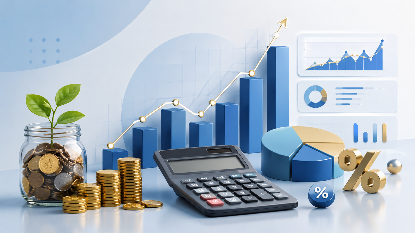 Compound interest calculator concept with savings, coins and growth charts