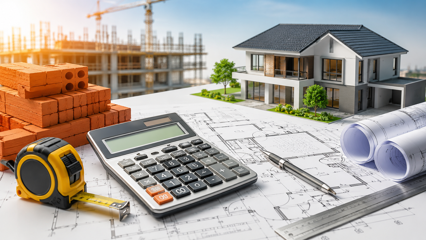 Brick calculator concept with construction plans, bricks, measuring tape and calculator