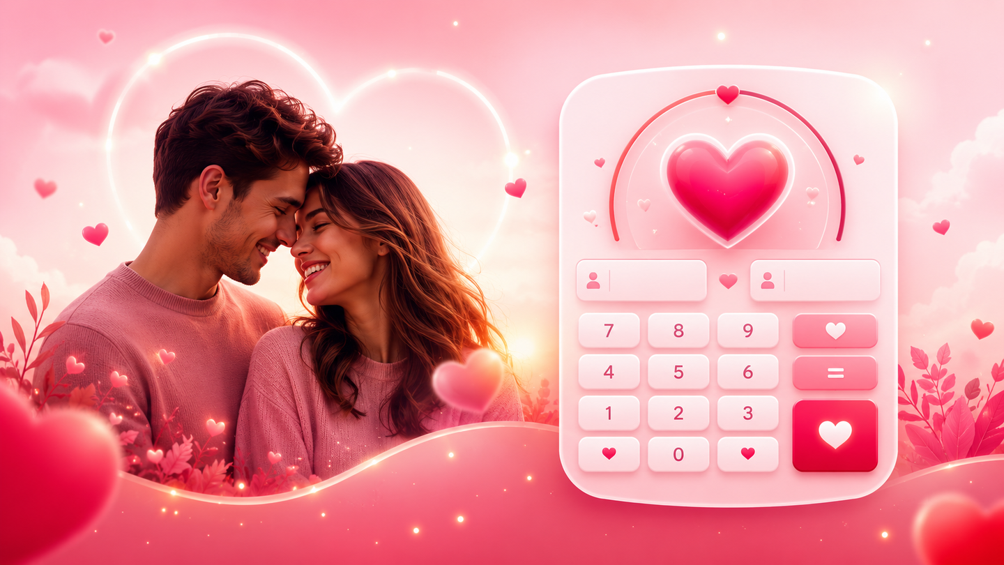 Love compatibility calculator visual with romantic hearts and a calculator