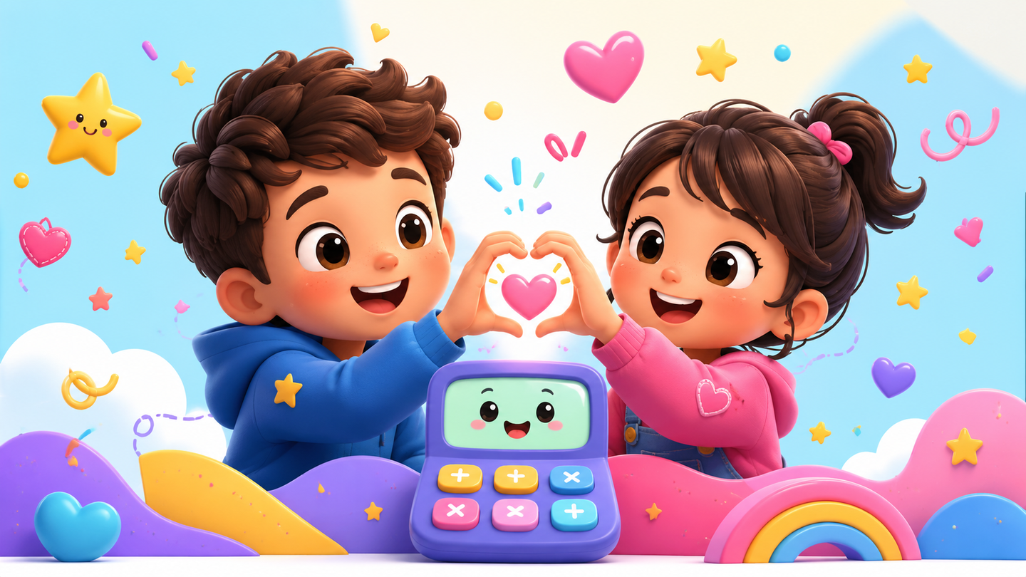 Friendly family bond calculator illustration with cheerful characters and hearts