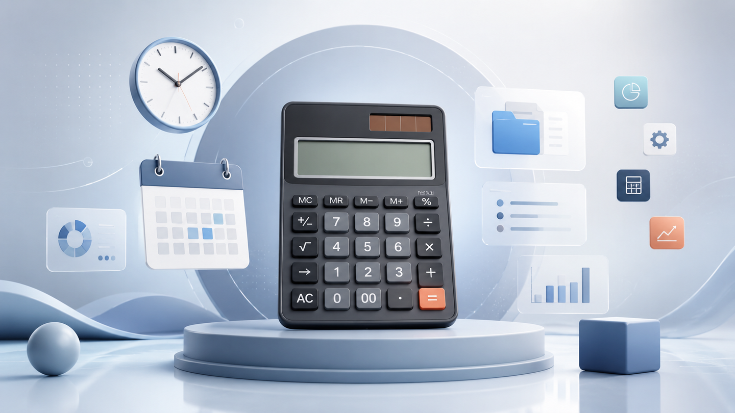 Modern calculator productivity workspace with calendar, charts, files and office tools