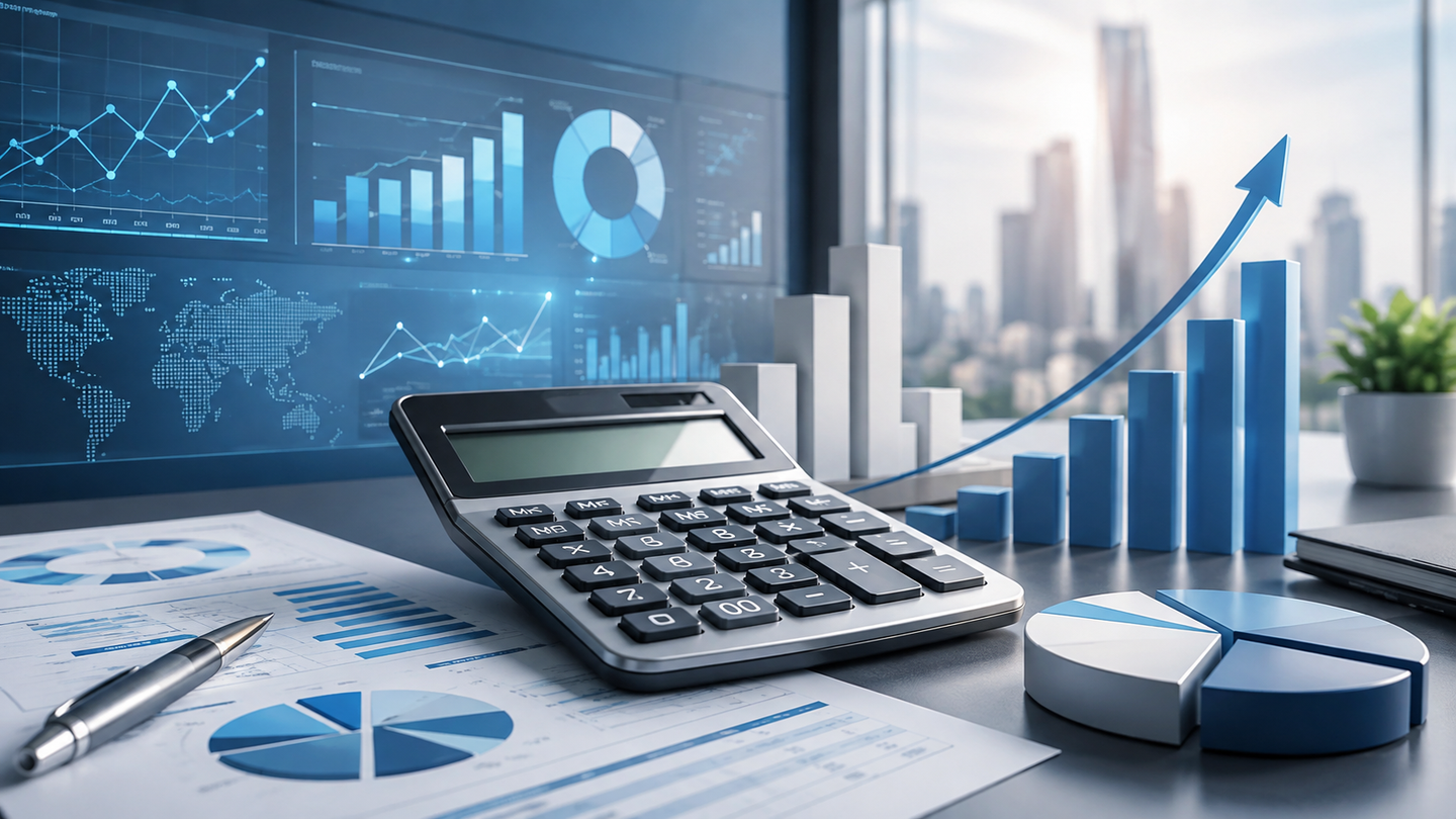 Financial calculator workspace with charts, business reports and growth analysis