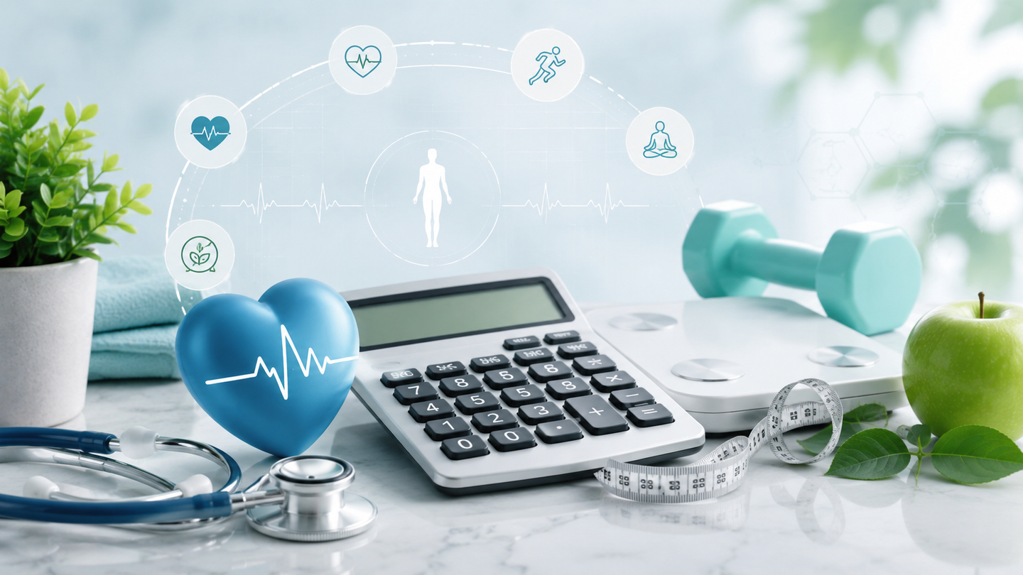 BMI calculator concept with scale, measuring tape, fitness equipment and wellness tools