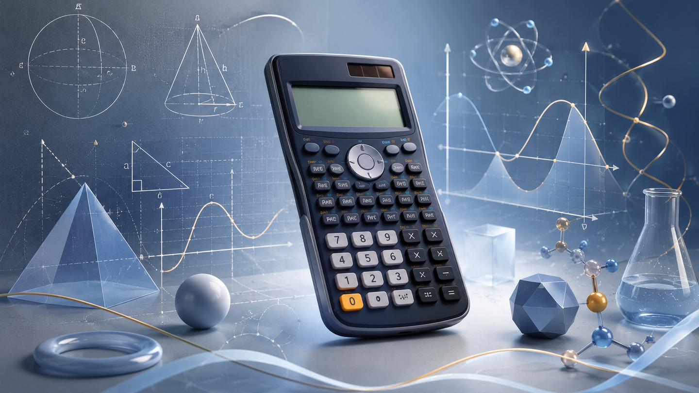 Trajectory calculator concept with mathematical graphs, curves and scientific calculator